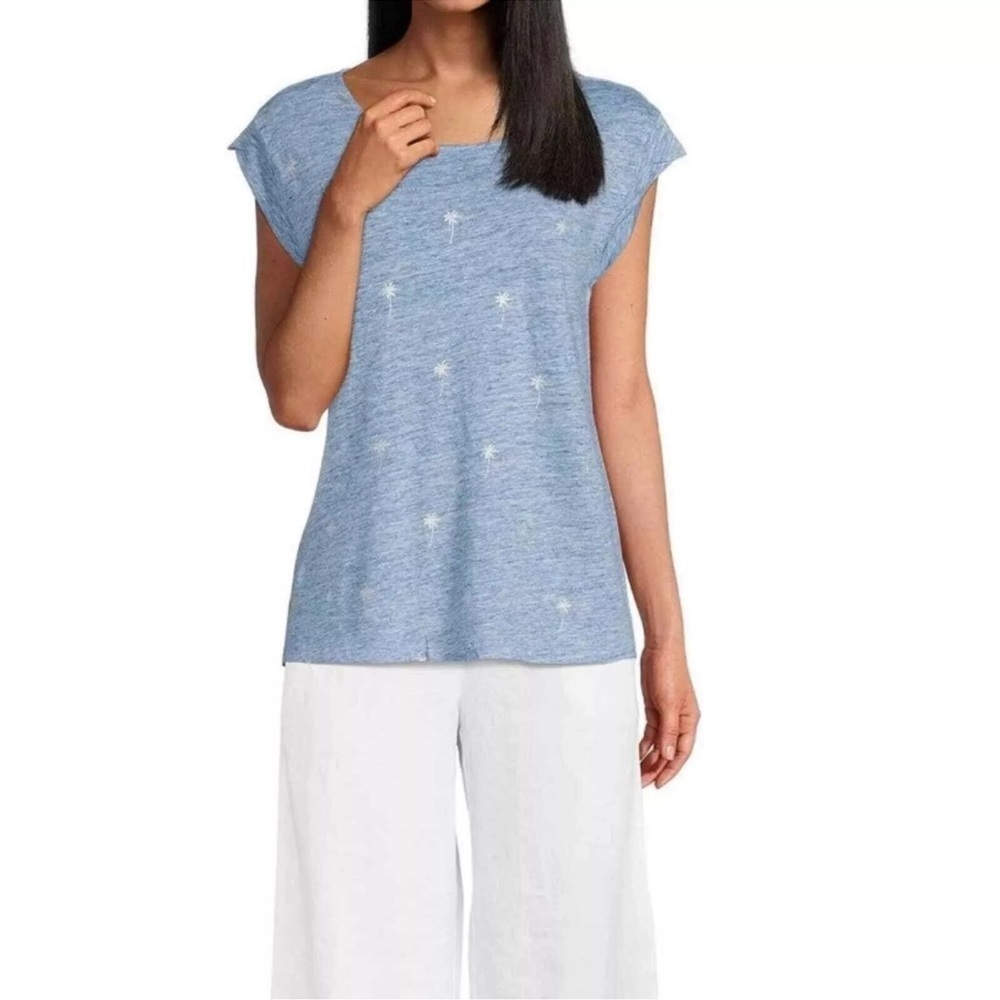 Tommy Bahama Women Blue Linnea Twist Sleeve Palm 100% LINEN XS Top NWT